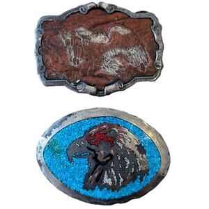 2 VTG EAGLE Belt Buckle Embossed Leather & Silver Turquoise USA American HEAVY